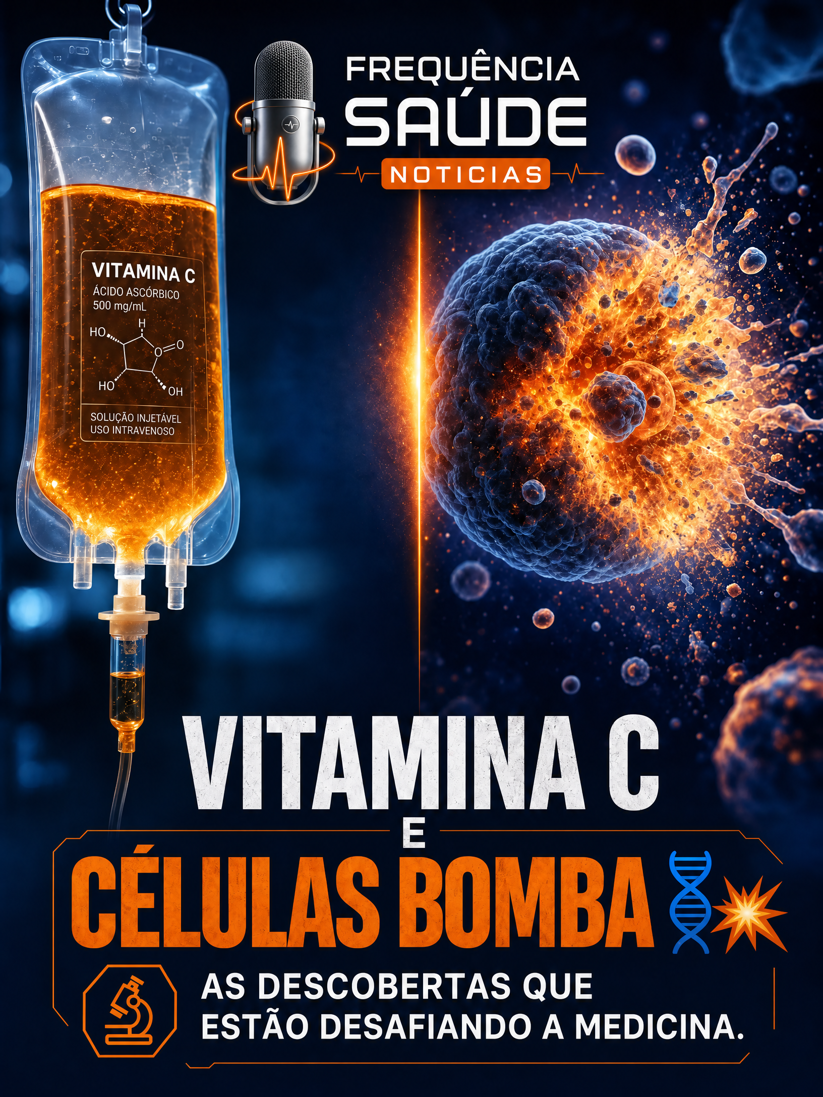 Arte de referência do episódio Vitamina C contra o câncer, células que explodem e o rastreio que falha com quem mais precisa